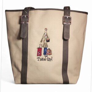 The Girls Travel Girl tote Bag tan canvas 2 greige straps preppy vacation bag